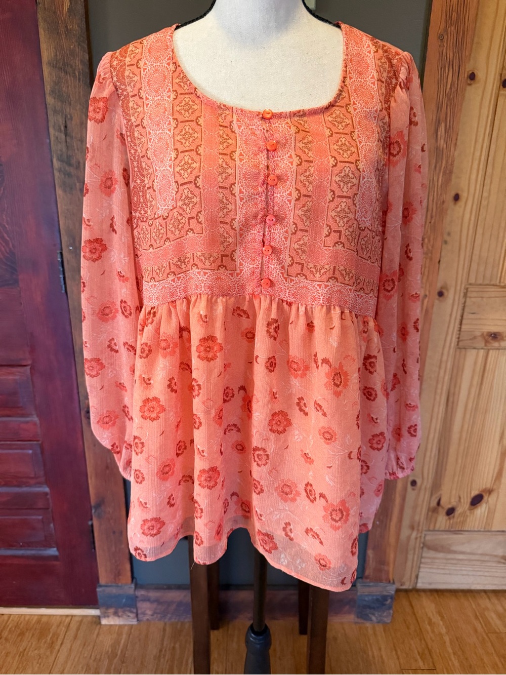 Lucky Coral Floral Boho Peasant Top